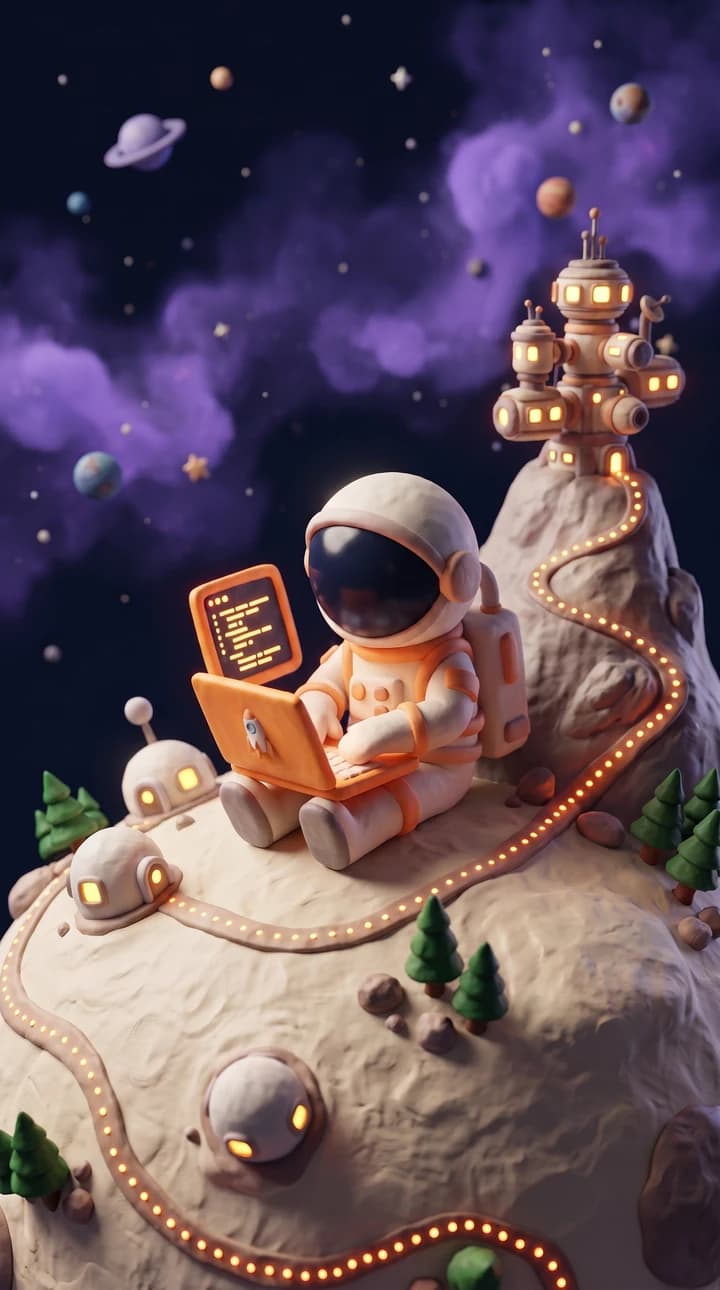 Laptopunda kod yazan astronot çocuk ve ışıklı kodlama yolu - 1e1kod birebir kodlama eğitimi