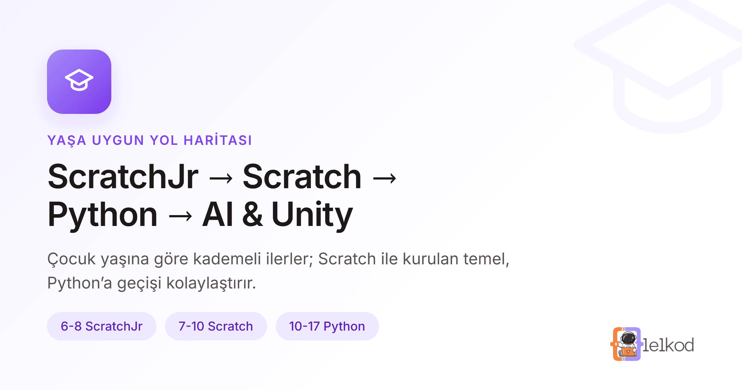Çocuklar için kodlama yaş-müfredat yol haritası: ScratchJr 6-8, Scratch 7-10, Python 10-17, yapay zeka ve Unity 13-17 yaş